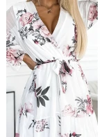 Bílé dámské midi šaty se vzorem výstřihem a páskem model 22077520 - numoco basic Bílé dámské midi šaty se vzorem výstřihem a páskem model 22077520 - numoco basic