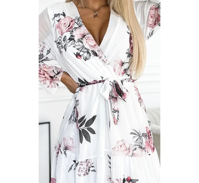 Bílé dámské midi šaty se vzorem výstřihem a páskem model 22077520 - numoco basic Bílé dámské midi šaty se vzorem výstřihem a páskem model 22077520 - numoco basic