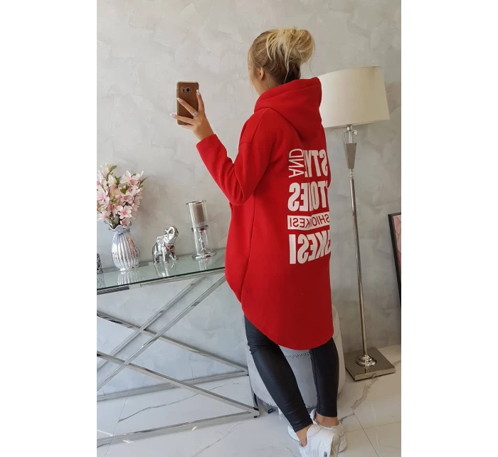 Zateplená mikina s dlhým chrbtom a kapucňou červená