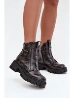 Skórzane Lakierowane Botki Damskie Z Ozdobą Ocieplane Artiker 57C2081 Grafitowe
