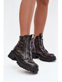 Skórzane Lakierowane Botki Damskie Z Ozdobą Ocieplane Artiker 57C2081 Grafitowe