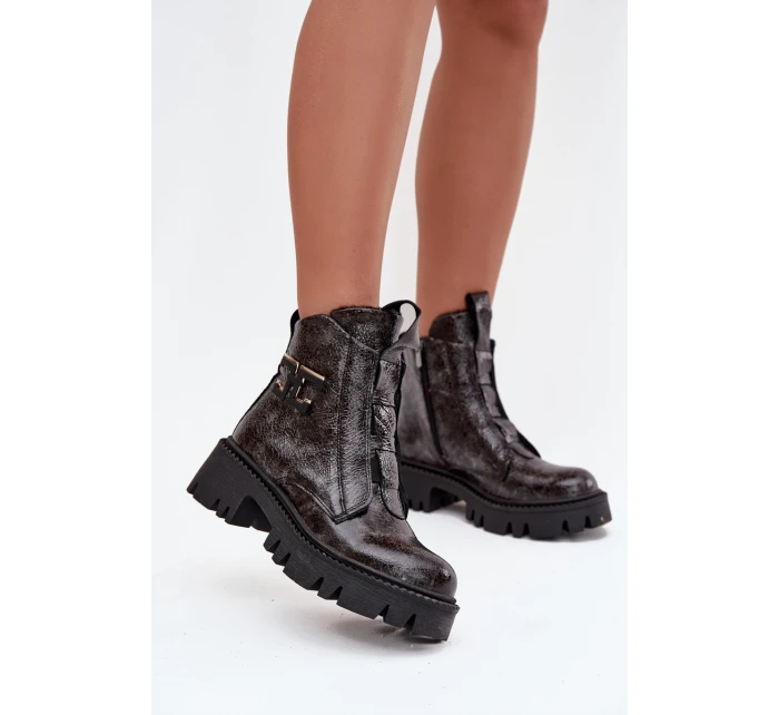 Skórzane Lakierowane Botki Damskie Z Ozdobą Ocieplane Artiker 57C2081 Grafitowe