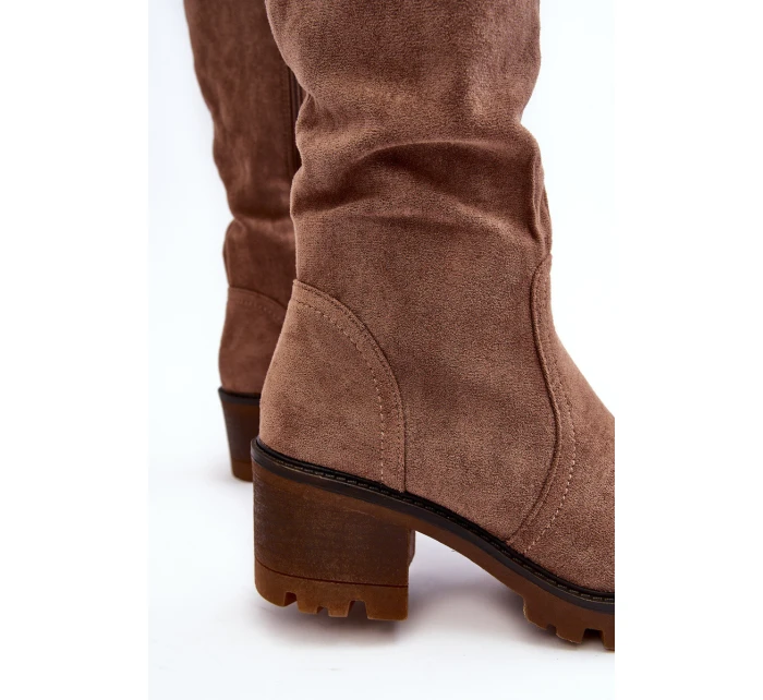 Kozaki Damskie Przed Kolano Na Niskim Obcasie Brązowe Beveta