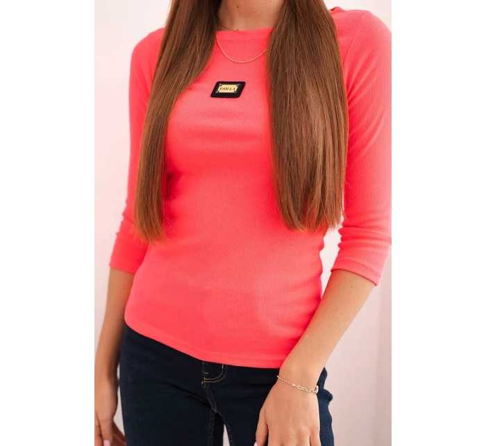 Dámska pruhovaná blúzka s 3/4 rukávmi a ozdobnou aplikáciou ružová neónová