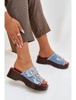 Dámské pantofle na platformě se zlatými sponami modré Renelisse