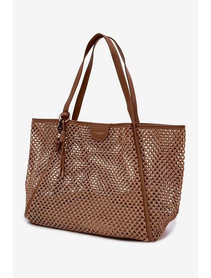 Pletená Shopper Kabelka S Připínákem Velká Světle Hnědá Mella