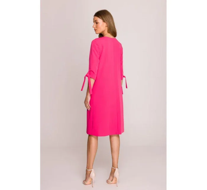 S393 Šaty áčkového strihu so zaväzovacími rukávmi - ružové