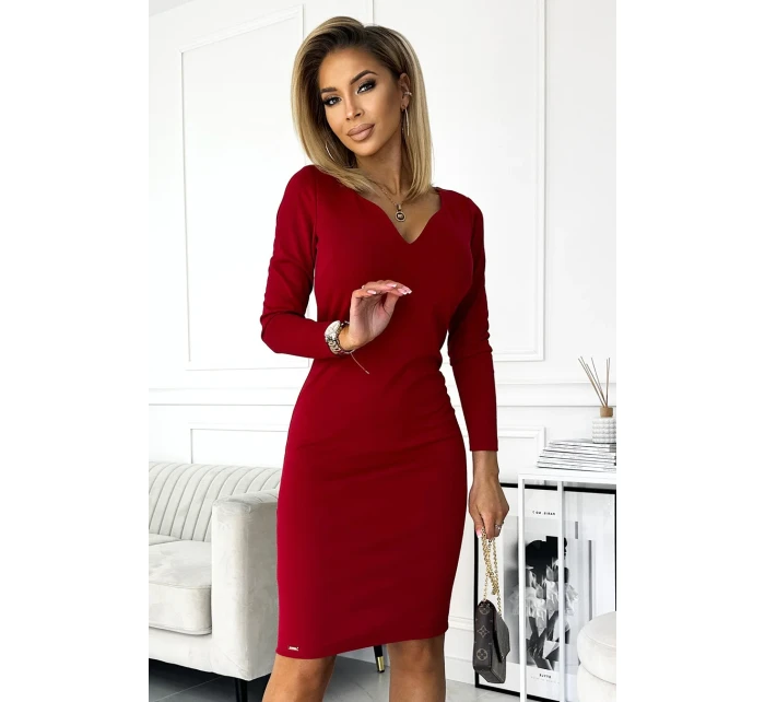 ANGELA - Klasické dámske šaty vo vínovej bordovej farbe s výstrihom a dlhými rukávmi 403-2 ANGELA - Klasické dámske šaty vo vínovej bordovej farbe s výstrihom a dlhými rukávmi 403-2