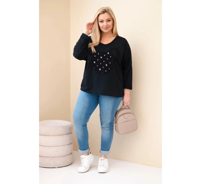 Dámske bavlnené Plus veľkosť V-neck blúzka čierna Dámske bavlnené Plus veľkosť V-neck blúzka čierna