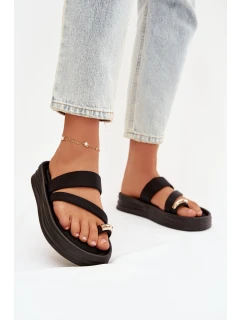 Materiálové dámské pantofle s pásky a zlatým detailem Černé model 21918873 - Boto