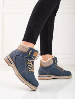 Designové  kotníčkové boty modré dámské na plochém podpatku