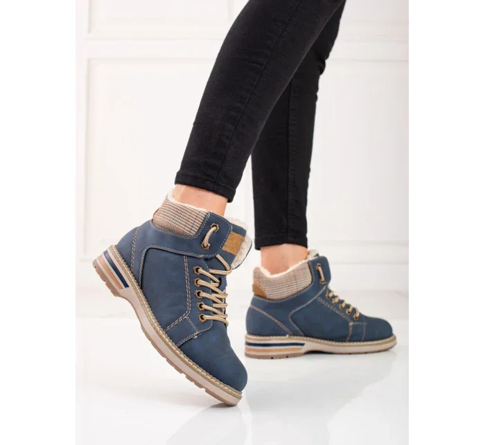 Dámske značkové členkové topánky modré s plochým podpätkom Dámske značkové členkové topánky modré s plochým podpätkom