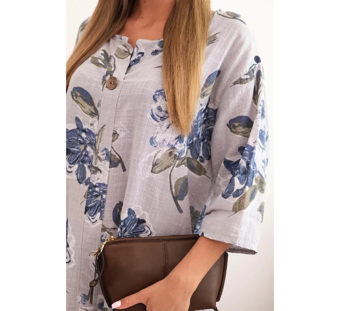 Dámská bavlněná šaty s květinovým vzorem a 3/4 rukávem šedá Dámská bavlněná šaty s květinovým vzorem a 3/4 rukávem šedá