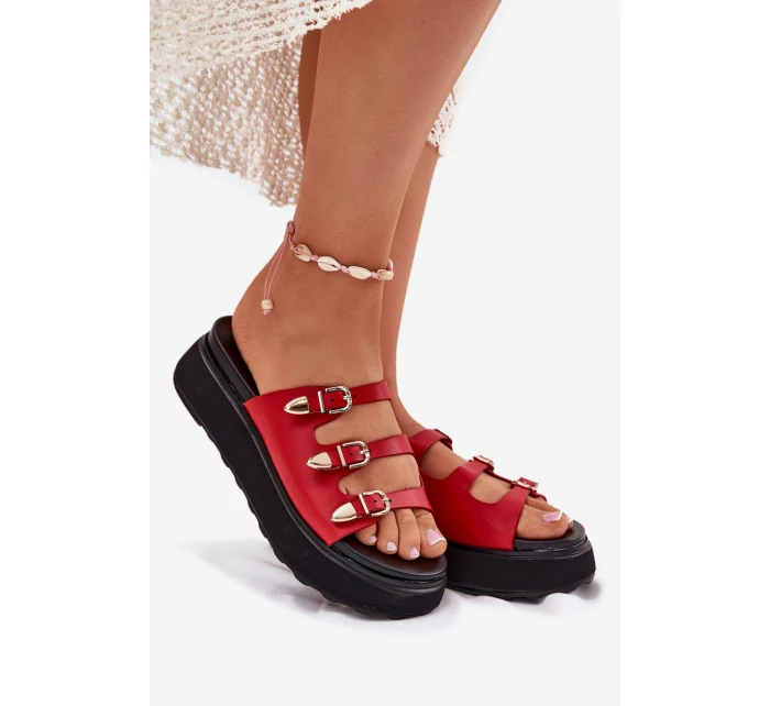 Klapki Damskie Na Platformie Z Paskami Czerwone Nimiotte