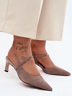 Kožené Semišové Sandály Na Podpatku S Ozdobeným Páskem D&A CR61-3048 Béžové