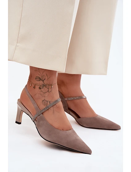 Kožené Semišové Sandály Na Podpatku S Ozdobeným Páskem D&A CR61-3048 Béžové