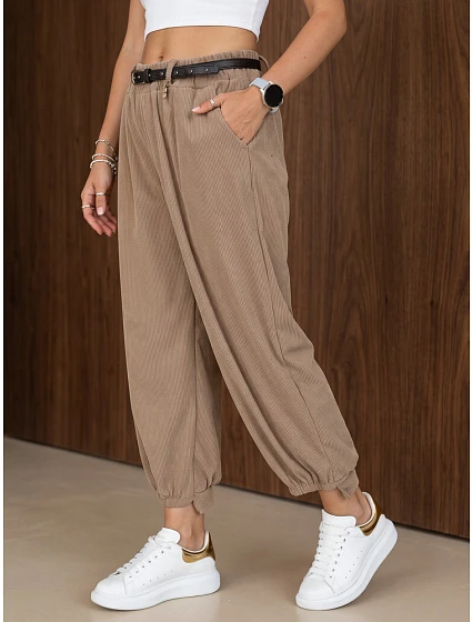 Dámske bavlnené manšestrové nohavice s opaskom, béžové, FashionStreet UY3169 Dámske bavlnené manšestrové nohavice s opaskom, béžové, FashionStreet UY3169