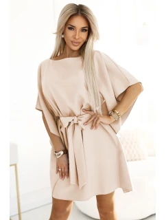 287-38 SOFIA Motýlie šaty so zaväzovaním v páse - DARK BEGE