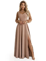 640-4 LORETTA jedinečné dlhé šaty s tylovými rukávmi a výstrihom - béžové 640-4 LORETTA jedinečné dlhé šaty s tylovými rukávmi a výstrihom - béžové