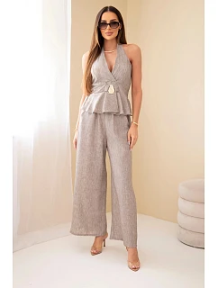 Dámský viskózový model 22079423 zavazovací top a kalhoty se širokou nohavicí fango - K-Fashion