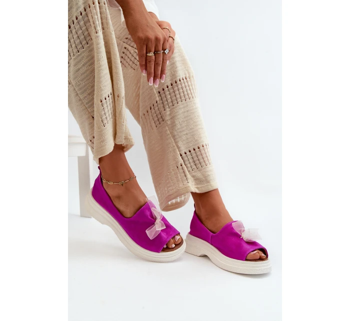 Zazoo 2939 Zamszowe Sandały Damskie Z Kokardką Fuksja