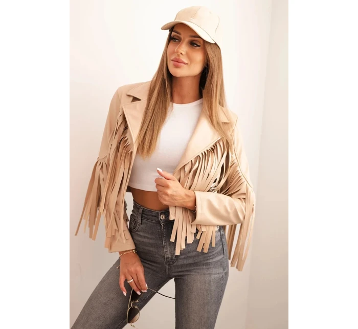 Dámska bunda z ekokože v boho štýle so strapcami svetlo ťavej farby Dámska bunda z ekokože v boho štýle so strapcami svetlo ťavej farby