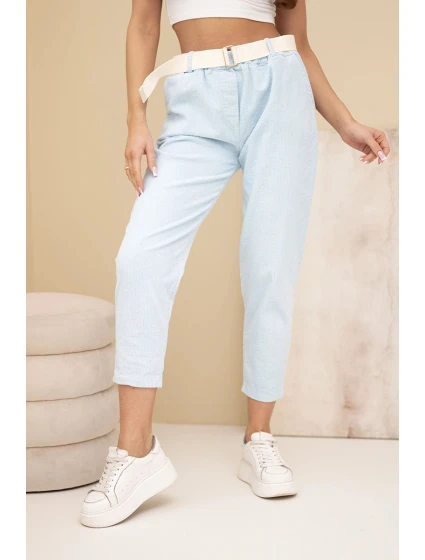 Dámske nohavice so šnúrou a opaskom modré Dámske nohavice so šnúrou a opaskom modré