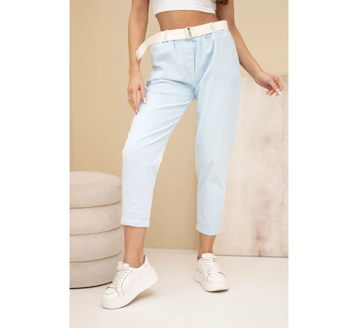 Dámske nohavice so šnúrou a opaskom modré Dámske nohavice so šnúrou a opaskom modré