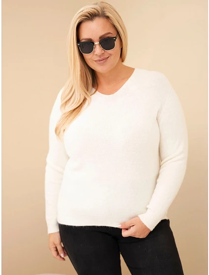 Dámský svetr Plus Size z baby alpaky s dlouhým rukávem ecru