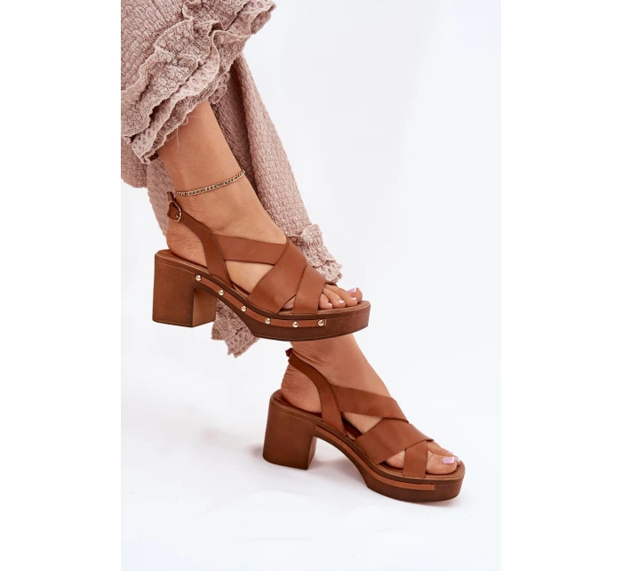 Skórzane Sandały Na Słupku Zazoo 1081 Brązowe