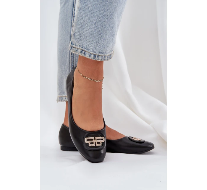 Baleriny Na Płaskiej Podeszwie Z Ozdobą Czarne Ainoria