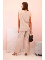 Dámska súprava z viskózy bez rukávov s rovnými nohavicami tmavobéžová