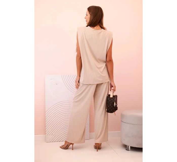 Dámska súprava z viskózy bez rukávov s rovnými nohavicami tmavobéžová