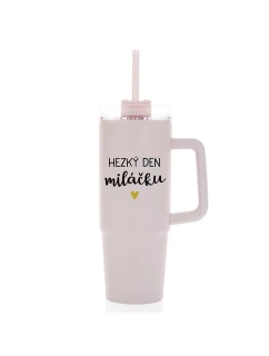 HEZKÝ DEN MILÁČKU - růžový cestovní termohrnek s průhledným víčkem 900 ml