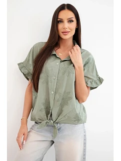 Dámská bavlněná košile model 22207089 s květinovou výšivkou khaki - K-Fashion