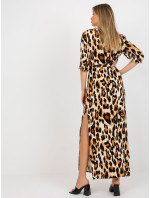 Béžovo-čierne midi šaty s leopardím vzorom a viazankou