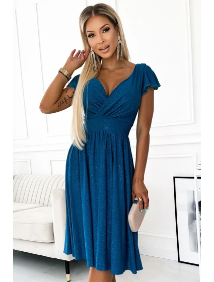 425-5 MATILDE Šaty s výstrihom a krátkymi rukávmi - MARINE s trblietkami