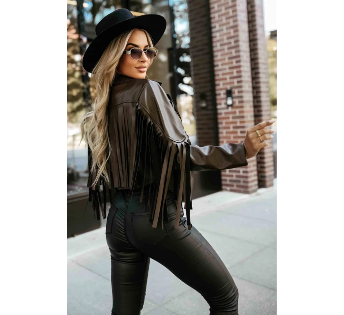 model 21371205 Krátká bunda s třásněmi z měkké ekokůže čokoládová - numoco basic model 21371205 Krátká bunda s třásněmi z měkké ekokůže čokoládová - numoco basic