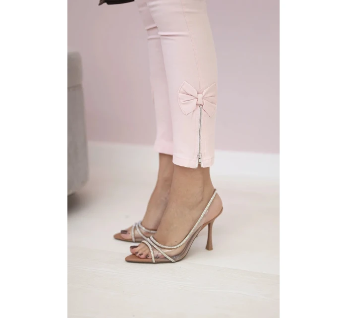 Kalhoty barevné džínové s mašlí pudrově růžové