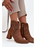 Zamszowe Ażurowe Botki Damskie Na Słupku Zazoo 3647 Brązowe
