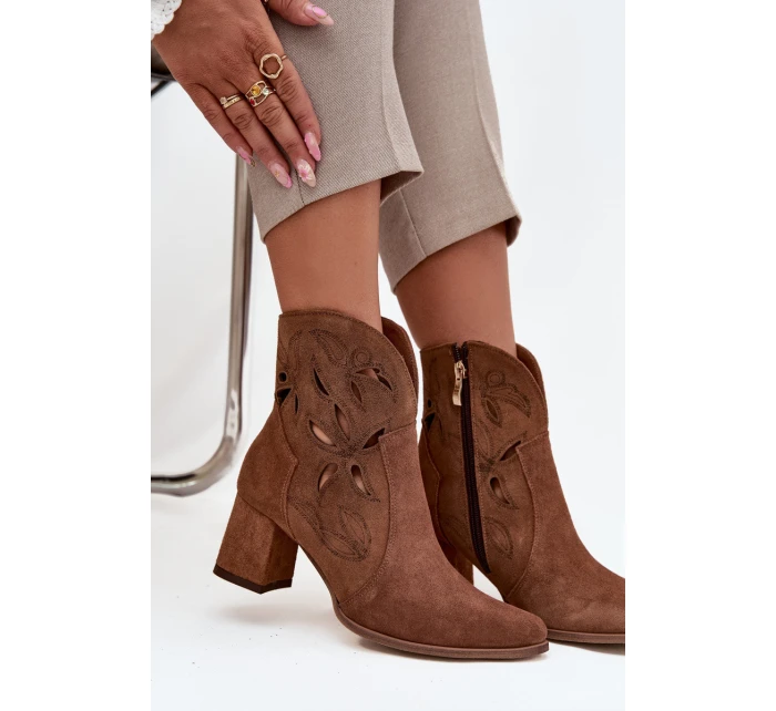 Zamszowe Ażurowe Botki Damskie Na Słupku Zazoo 3647 Brązowe