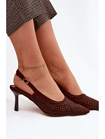 Dámské otevřené sandály na podpatku z imitace semiše Čokoládové model 22125733 - Boto