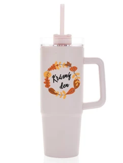 KRÁSNÝ DEN (PODZIM) - růžový cestovní termohrnek s průhledným víčkem 900 ml