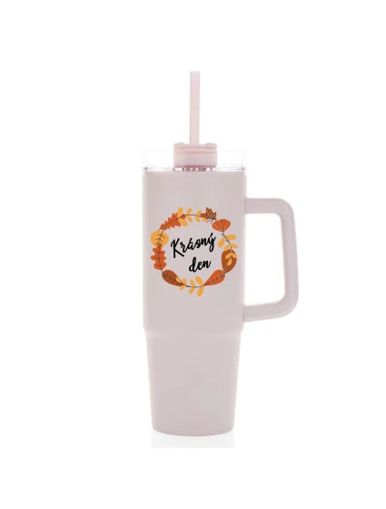 KRÁSNÝ DEN (PODZIM) - růžový cestovní termohrnek s průhledným víčkem 900 ml
