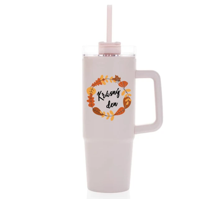 KRÁSNÝ DEN (PODZIM) - růžový cestovní termohrnek s průhledným víčkem 900 ml