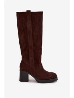 Dámské zimní kozačky na masivním podpatku čokoládové model 21715042 - Boto