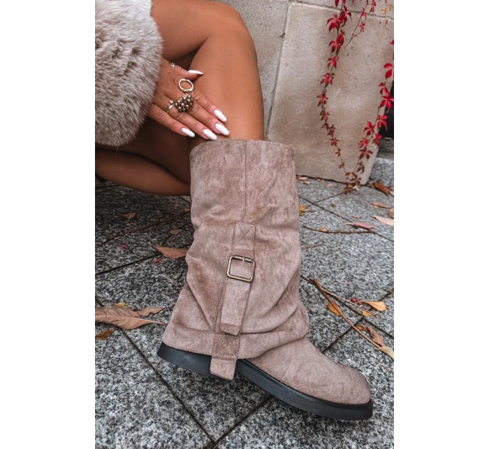 Kozaki Damskie Z Wywiniętą Cholewką Do Połowy Łydki Z Klamrą Khaki Minelle Kozaki Damskie Z Wywiniętą Cholewką Do Połowy Łydki Z Klamrą Khaki Minelle