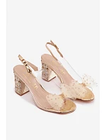 Sandály na podpatku s krystaly síťová mašle D&A MR61-9010 Zlaté