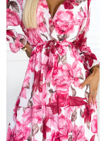 Midi šaty s výstrihom a opaskom Numoco VALENTINA - ružové
