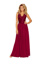 Dlhé dámske šaty v bordovej farbe bez rukávov, s čipkovaným výstrihom model 6710856